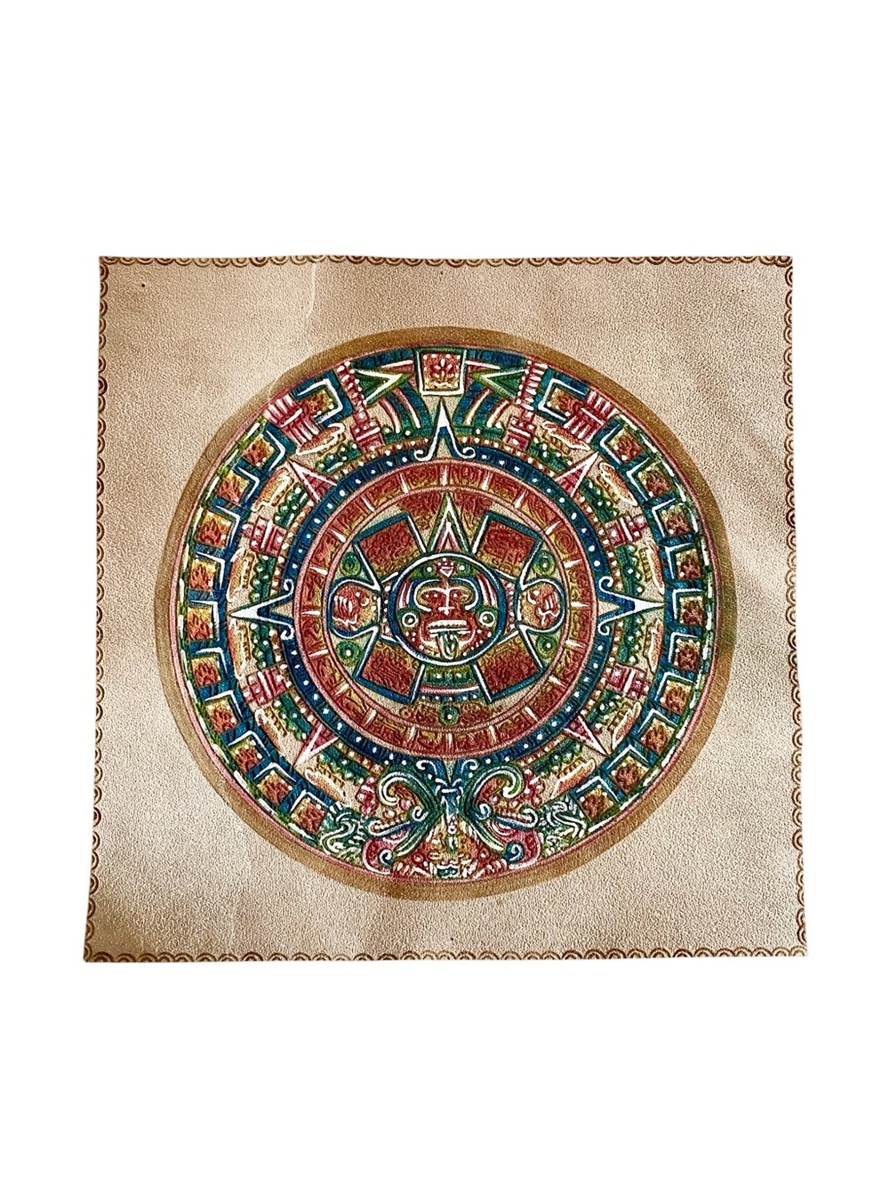 Hand-painted Aztec Calendar on Suede Mexico 10x10